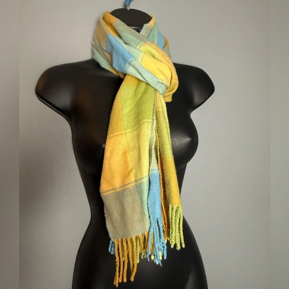100% Cashmere Made in England Plaid Unisex Scarf 12x64